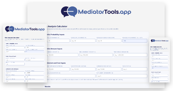 Screenshot of the MediatorTools.app Risk Analysis Calculator, showing input fields for verdict probability estimates, verdict amount ranges, settlement offer, litigation costs, and discount rate, with a Results section below.